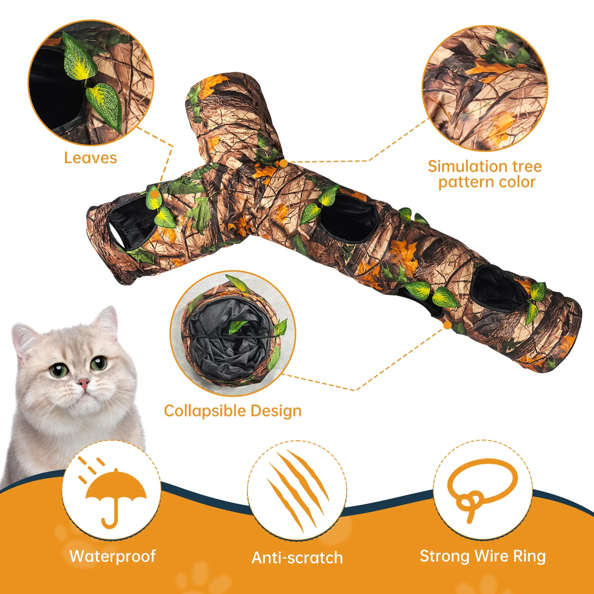FelRelWel cat tunnels with camouflage tree pattern, collapsible design, waterproof and anti-scratch features