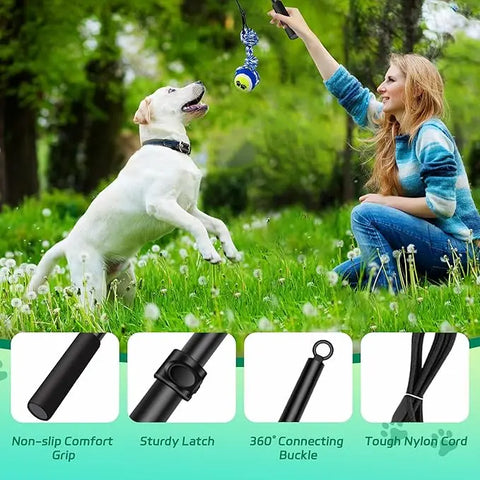 FelRelWel dog flirt pole with non-slip grip, sturdy latch, and nylon cord used by woman playing with white dog outdoors