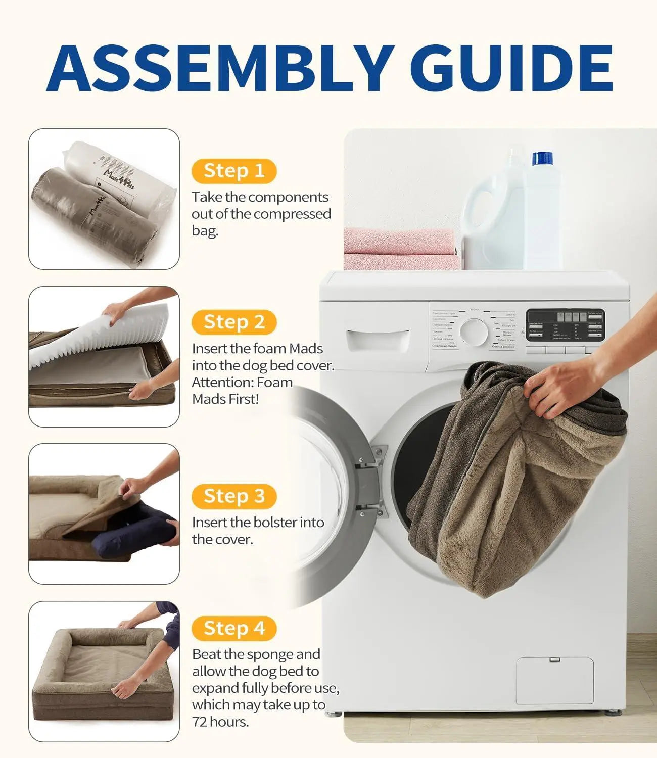 Assembly guide for FelRelWel dog sofa bed showing steps to insert foam and bolster into cover and expand bed