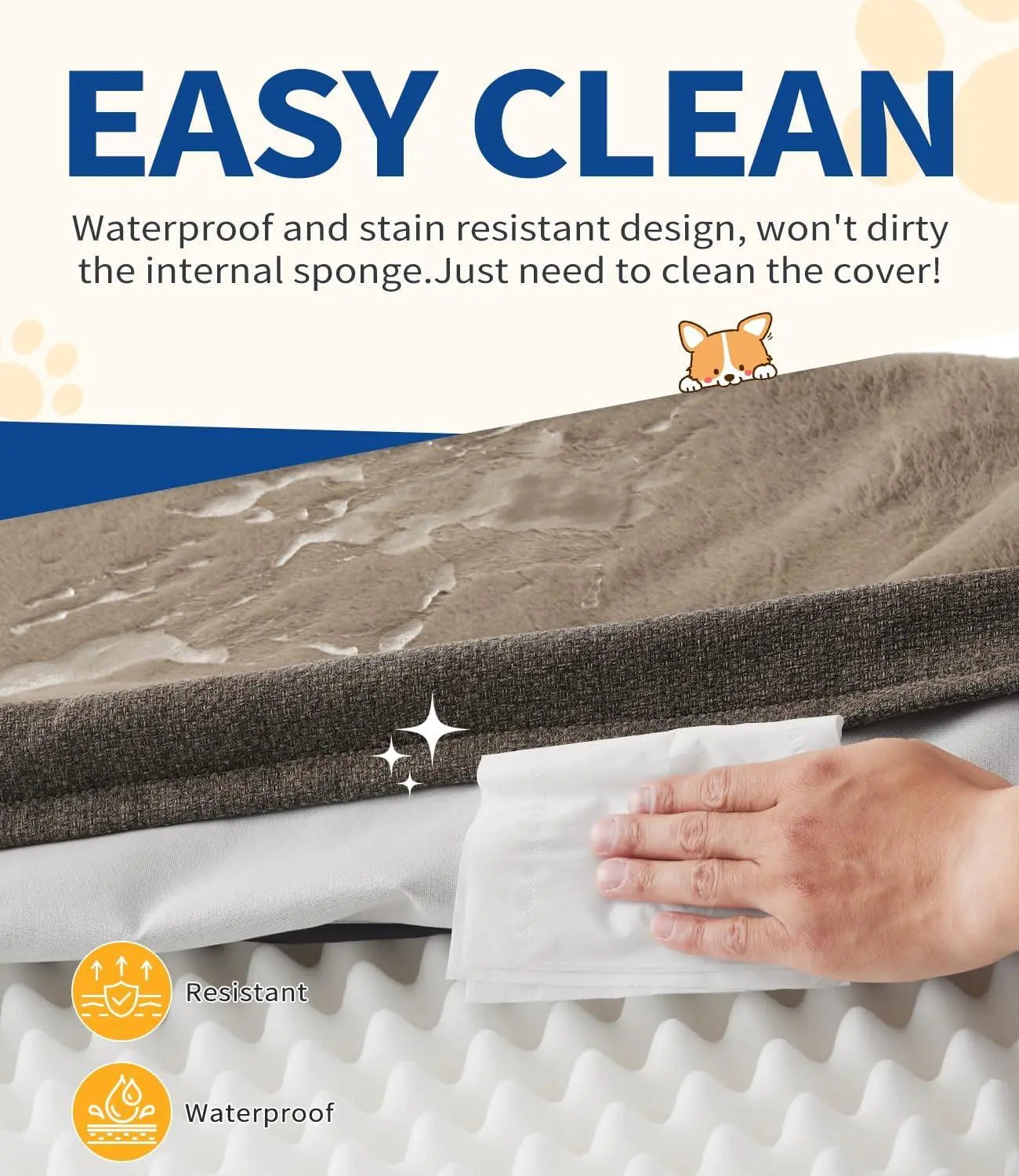 FelRelWel dog sofa bed with waterproof and stain resistant cover being cleaned with a wipe