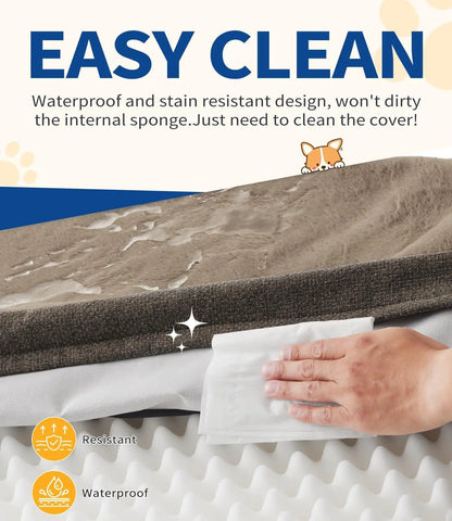 FelRelWel dog sofa bed with waterproof and stain resistant cover being cleaned with a wipe