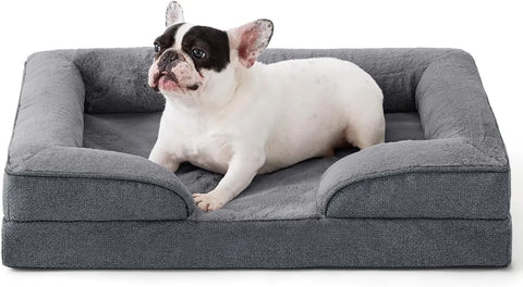 FelRelWel gray dog sofa bed with soft cushioned sides and a small French Bulldog lying comfortably