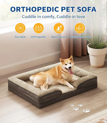Orthopedic pet sofa dog sofa bed with durable waterproof washable cover and a dog resting on it
