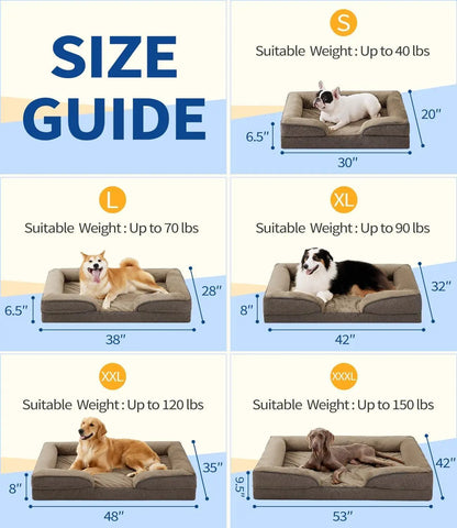 FelRelWel dog sofa bed size guide showing dimensions and suitable weights from small to xxx large