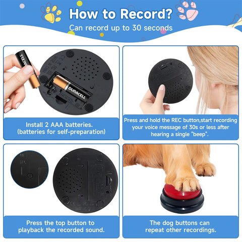 FelRelWel dog talking buttons with instructions showing battery installation, recording, playback, and dog pressing button