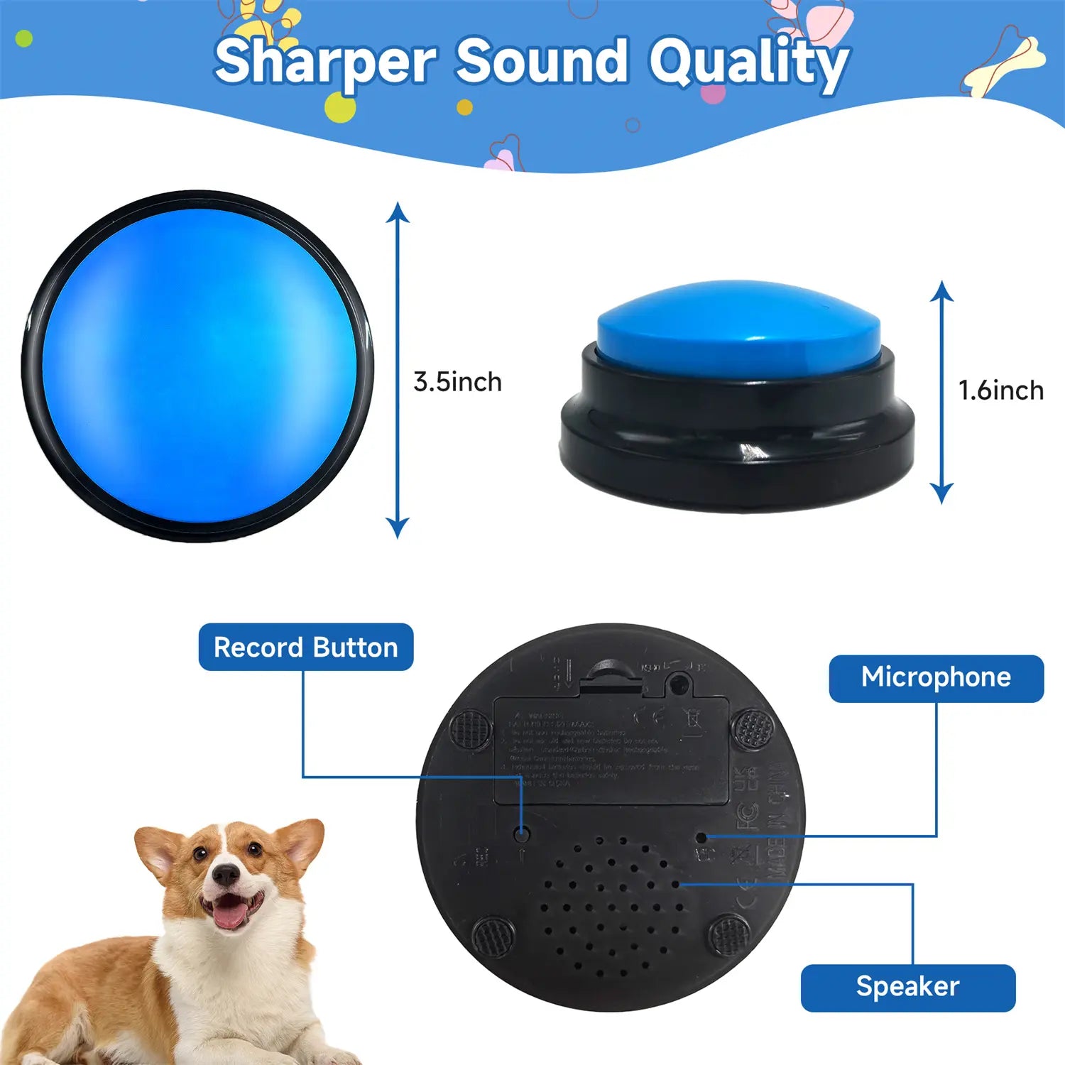 FelRelWel dog talking buttons with blue top, record button, microphone, and speaker for pet communication