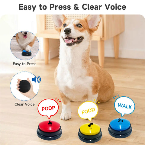 FelRelWel dog talking buttons in red, yellow, and blue with labels poop food and walk for easy press and clear voice