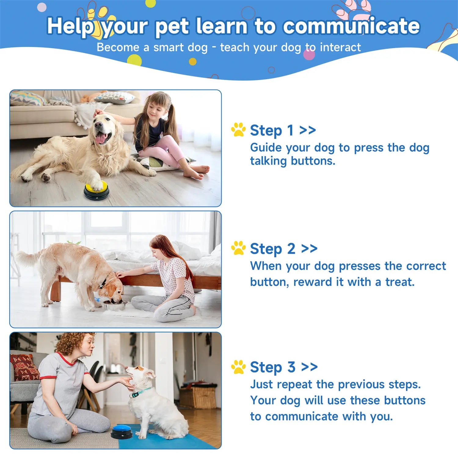 Guide your dog to press dog talking buttons with FelRelWel to communicate and reward with treats