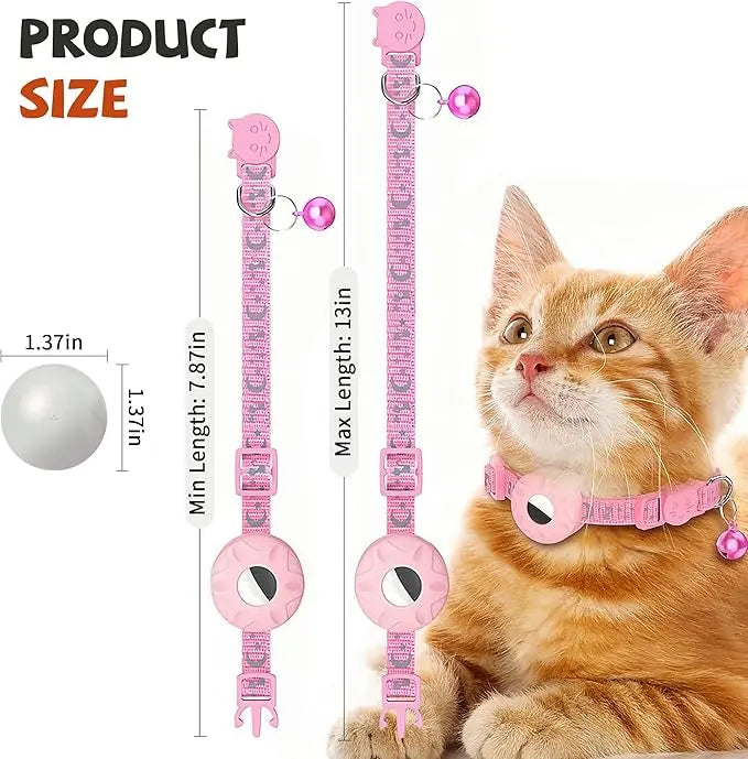 FelRelWel pink cat tracker collar with GPS tracking device for cats shown on an orange tabby cat
