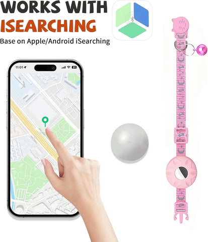FelRelWel pink cat tracker collar with GPS Tracking Device for Cats showing mobile app iSearching map