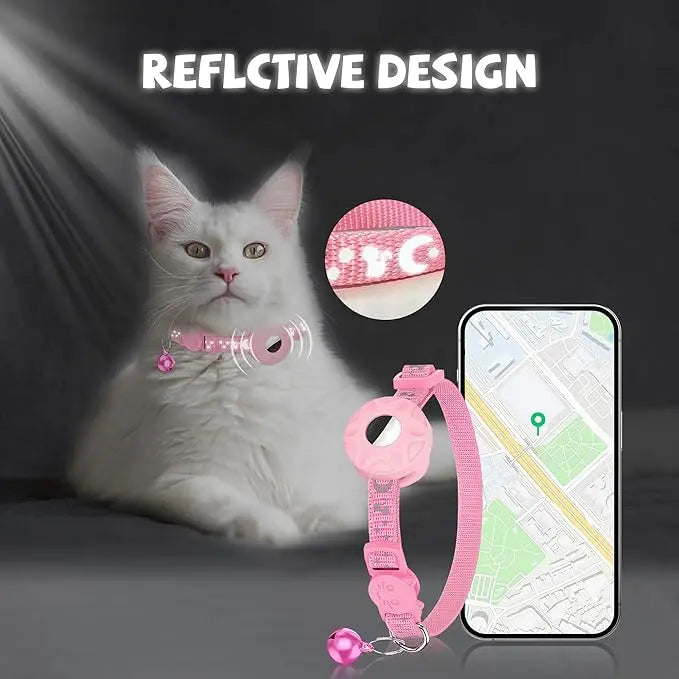 FelRelWel pink cat collar with GPS Tracking Device for Cats featuring reflective design and smartphone map tracking