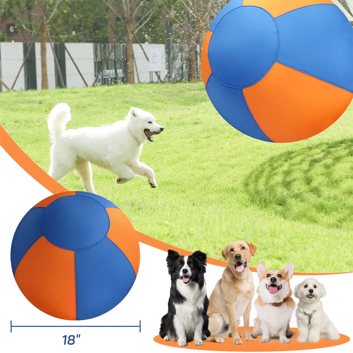 FelRelWel herding ball for dogs in blue and orange, 18 inches, with happy dogs playing outdoors
