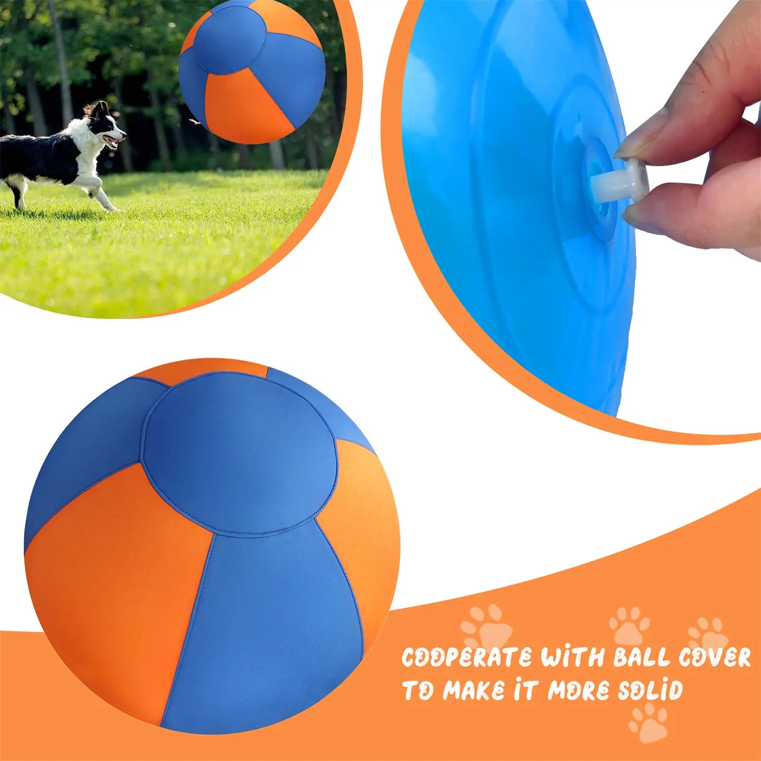 FelRelWel herding ball for dogs in blue and orange with adjustable solid cover for outdoor play