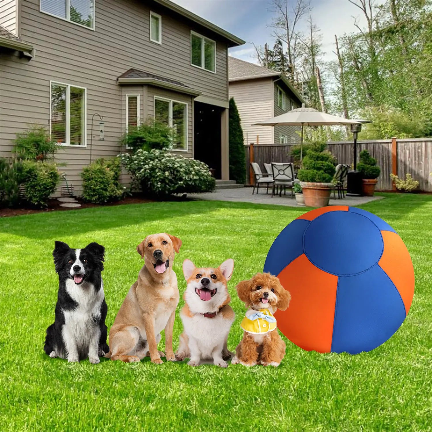 FelRelWel herding ball for dogs in blue and orange on grass with four different dog breeds sitting nearby