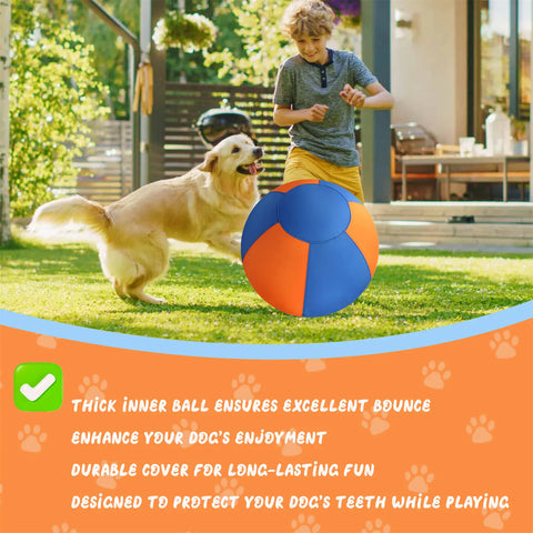 FelRelWel Herding Ball for Dogs in blue and orange used by child playing with golden retriever outdoors