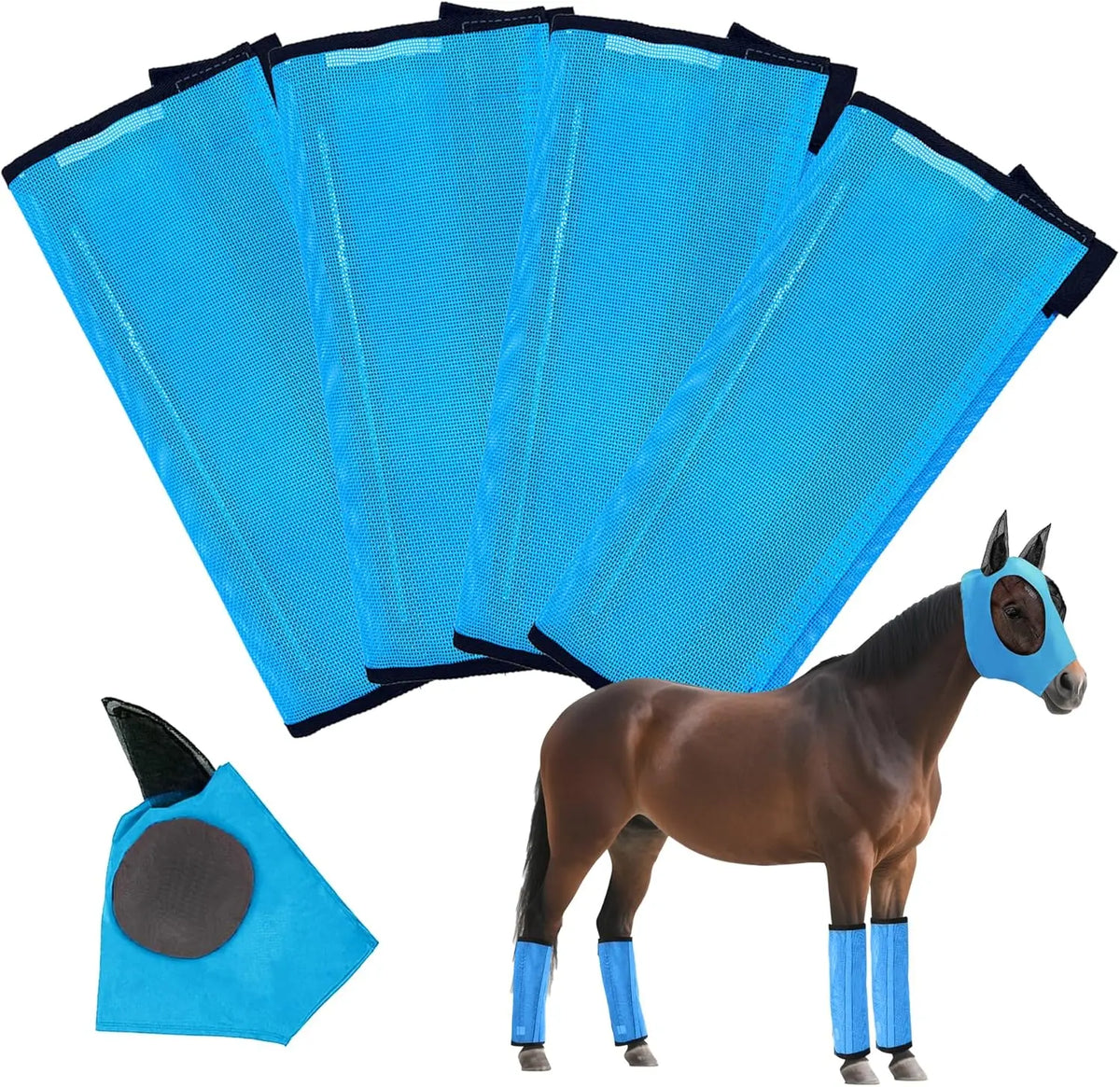 Horse fly boots and mask set in blue for protecting horses from flies and bugs
