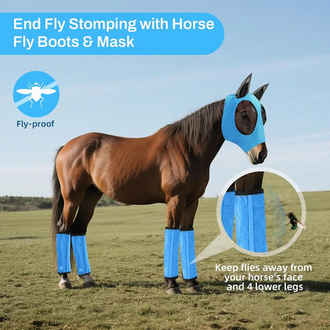 Horse Fly Boots and Mask Set in blue to protect against flies on your horse's face and legs