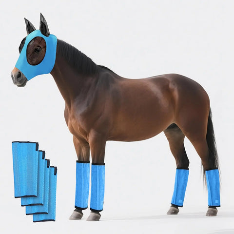 Blue FelRelWel horse fly boots and mask set designed for protective comfort for horses