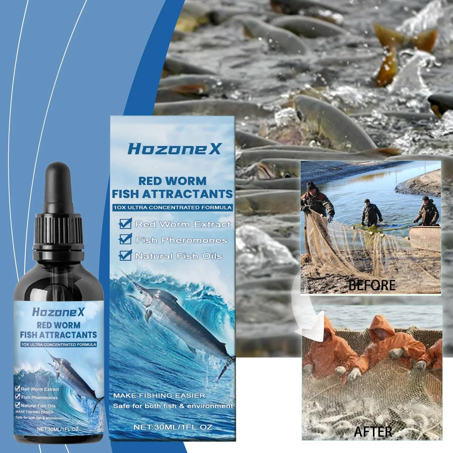 FelRelWel HozoneX red worm fish attractant liquid fishing bait enhancer with before and after fishing net images