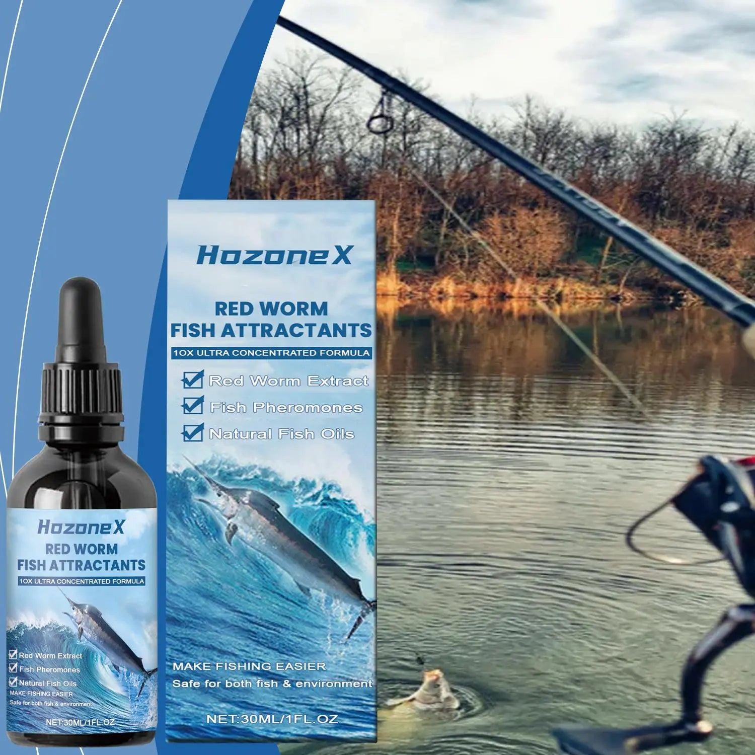 HozoneX red worm fish attractants liquid fishing bait enhancer bottle and packaging by FelRelWel near a fishing rod by a lake