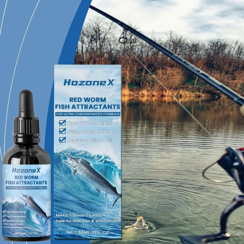 HozoneX red worm fish attractants liquid fishing bait enhancer bottle and packaging by FelRelWel near a fishing rod by a lake