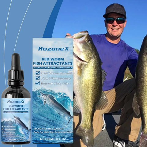 FelRelWel HozoneX red worm fish attractants liquid fishing bait enhancer with man holding large fish