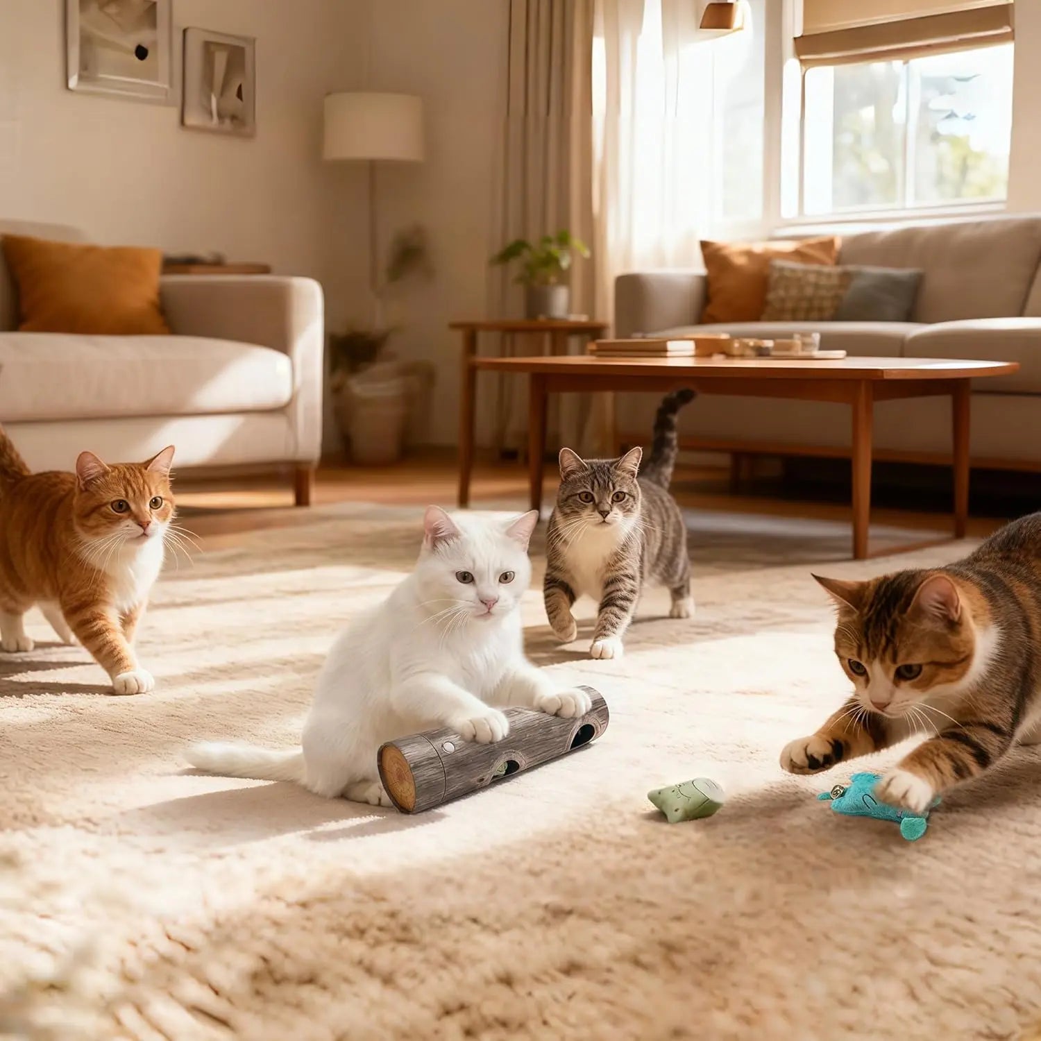Four playful cats engaging with an interactive cat toy for indoor cats in a cozy living room setting