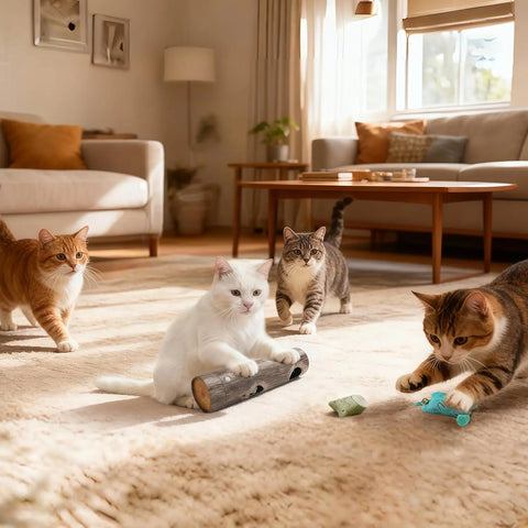 Four playful cats engaging with an interactive cat toy for indoor cats in a cozy living room setting
