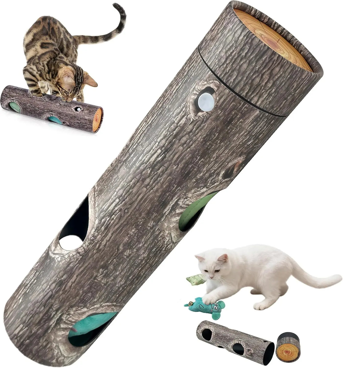 FelRelWel interactive cat toy for indoor cats resembling a log with openings for playful engagement