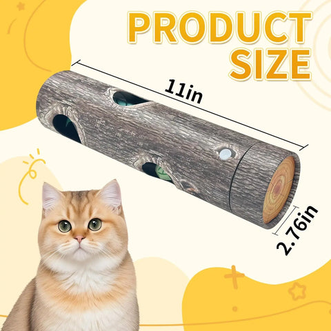 Interactive cat toy for indoor cats shaped like a log, measuring 11 inches long and 2.76 inches wide