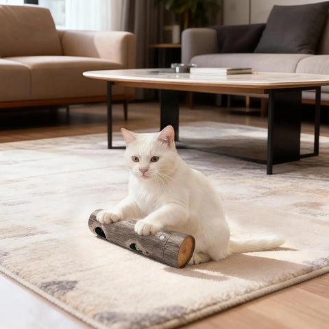 White cat playing with an interactive cat toy for indoor cats on a soft rug in a modern living room