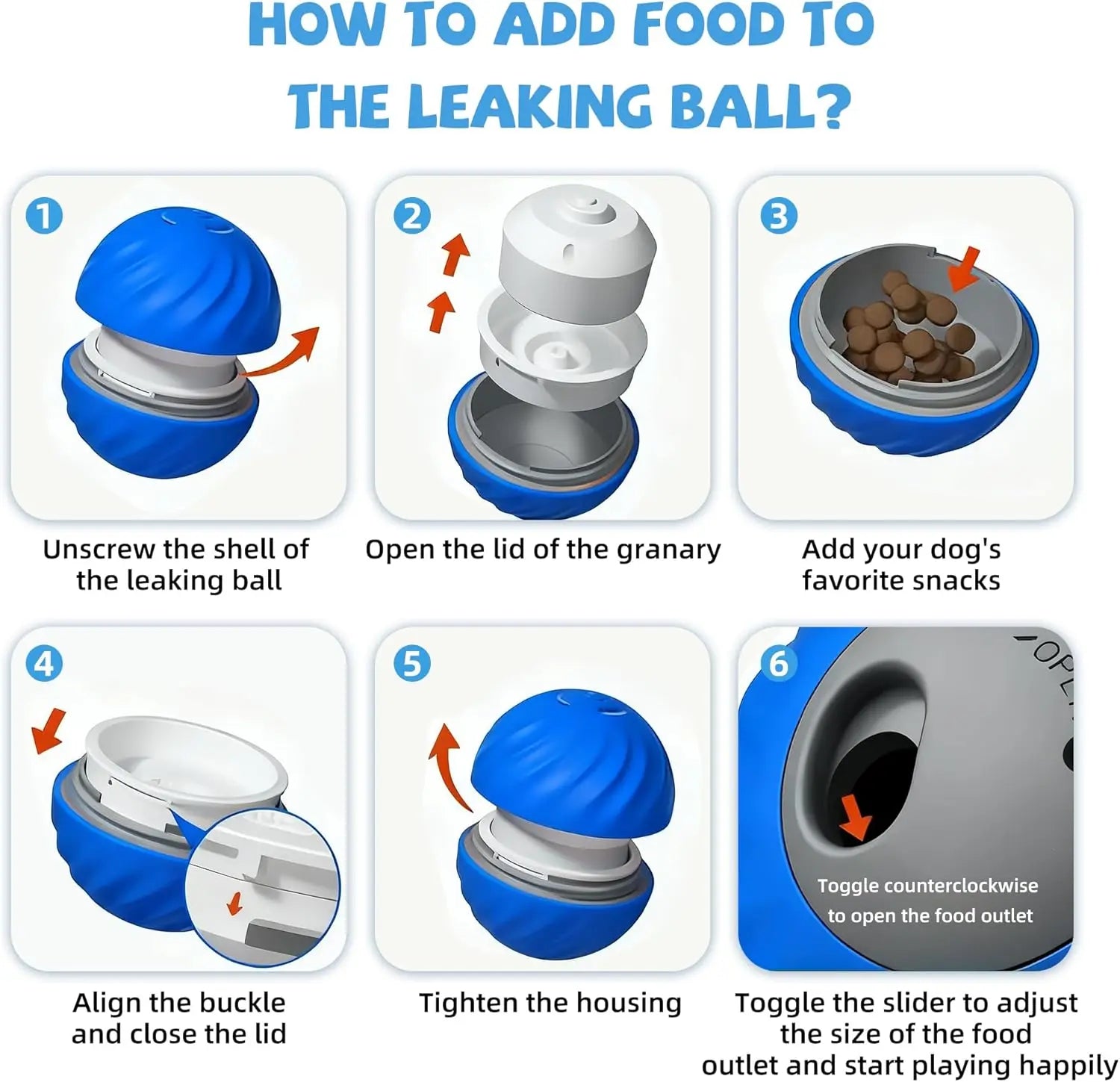 Instructions for using the interactive dog treat ball with clear steps for adding snacks