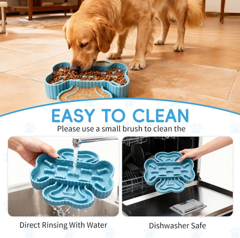 Silicone slow feeder dog bowl in blue, easy to clean with direct rinsing or dishwasher safe