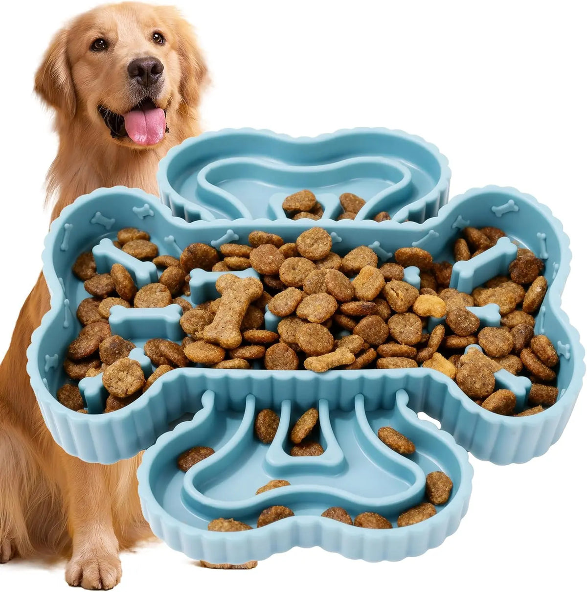 Blue silicone slow feeder dog bowl designed to promote healthy eating habits for dogs