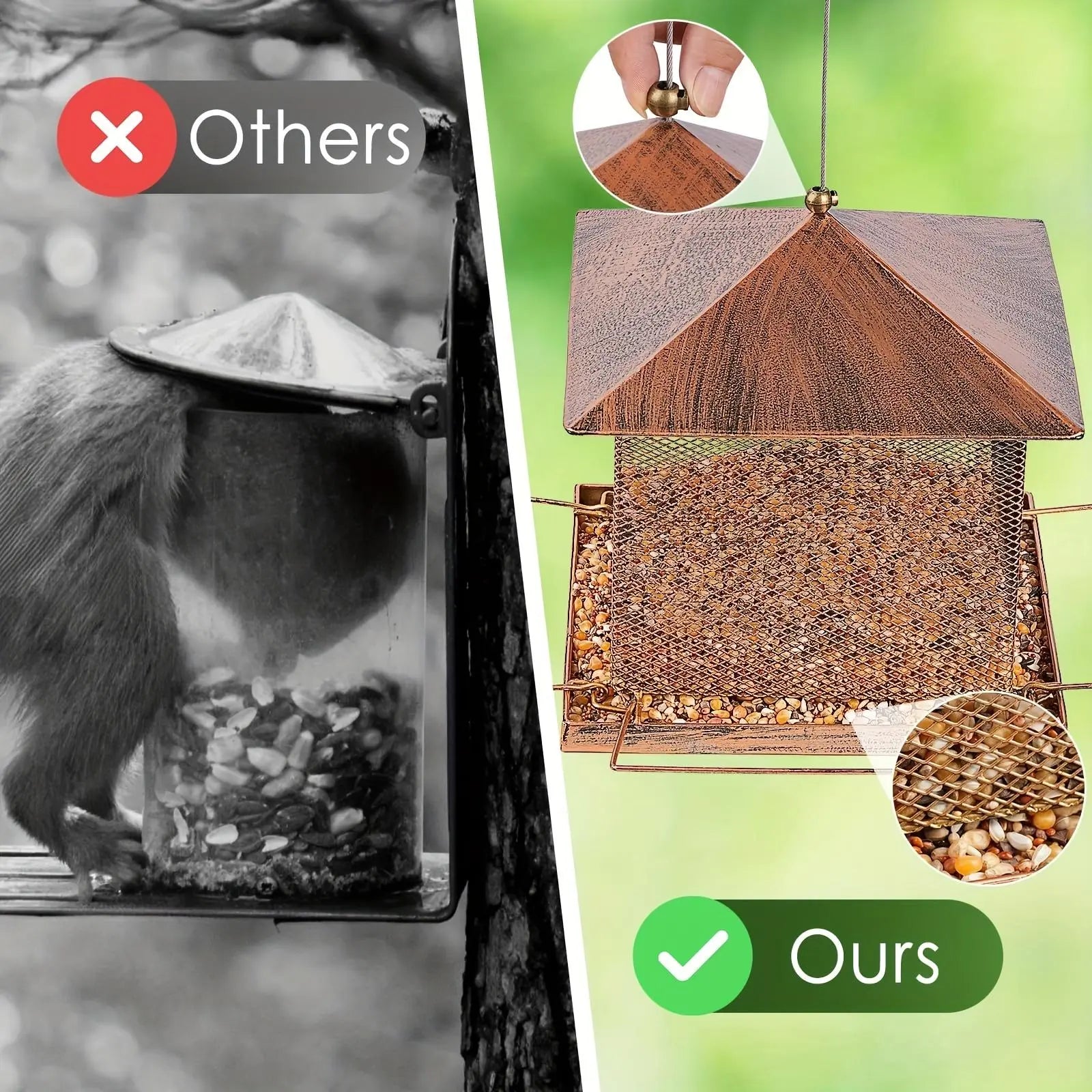 FelRelWel squirrel proof bird feeder with metal mesh and rust-resistant roof compared to others
