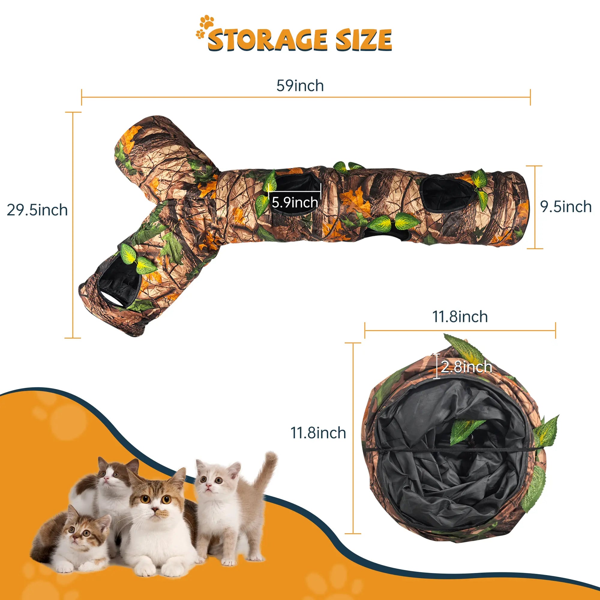 FelRelWel camo cat tunnels with multiple openings and detailed storage size dimensions