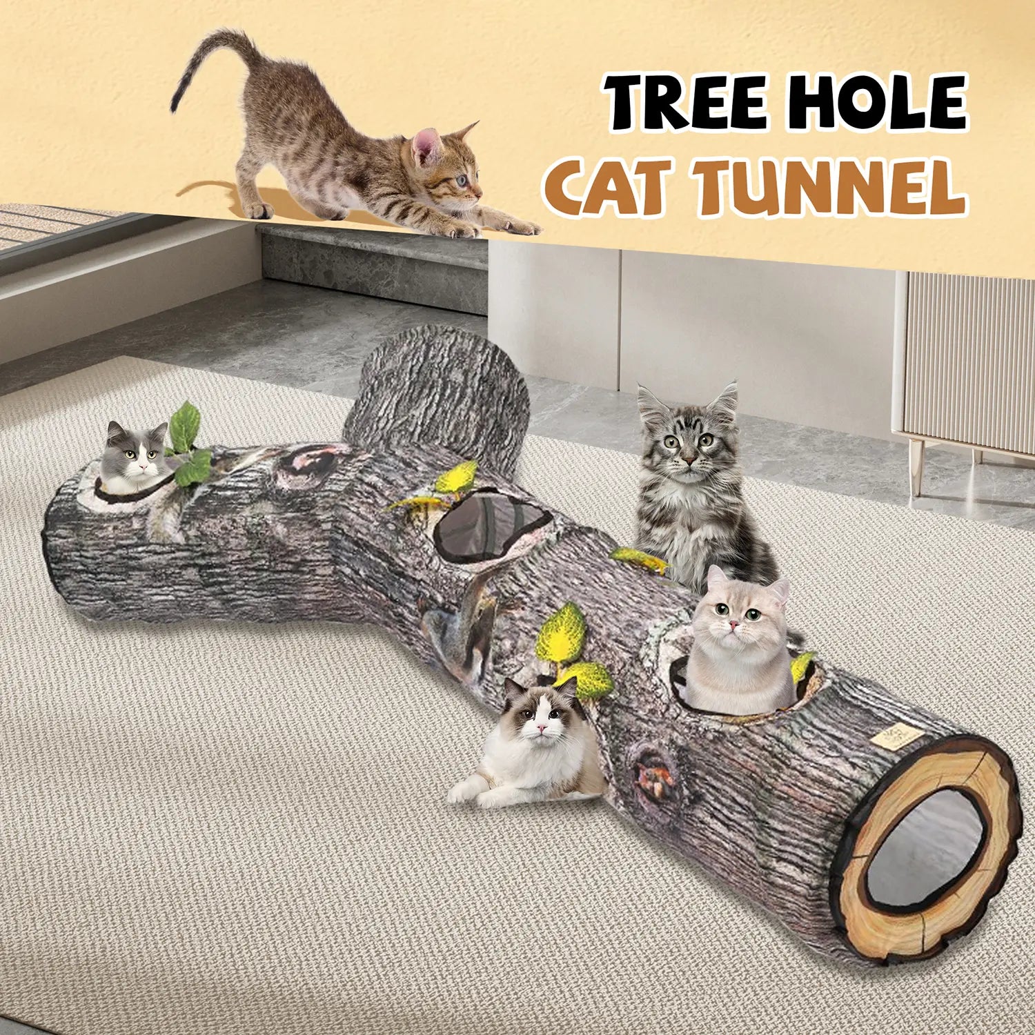 FelRelWel tree hole cat tunnel with realistic log design and multiple openings for playful cats