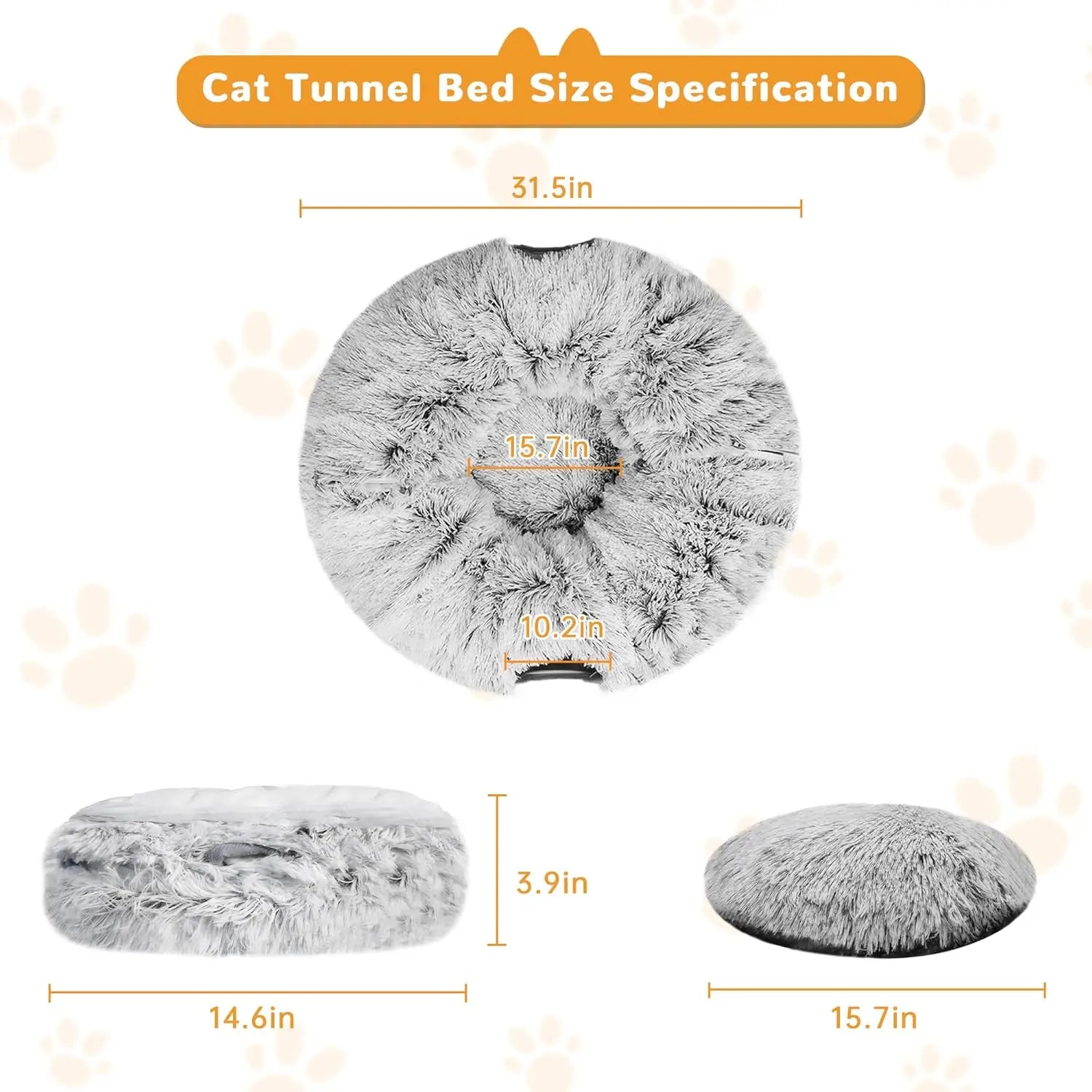 FelRelWel gray fluffy cat bed tunnel with size dimensions for comfortable pet resting
