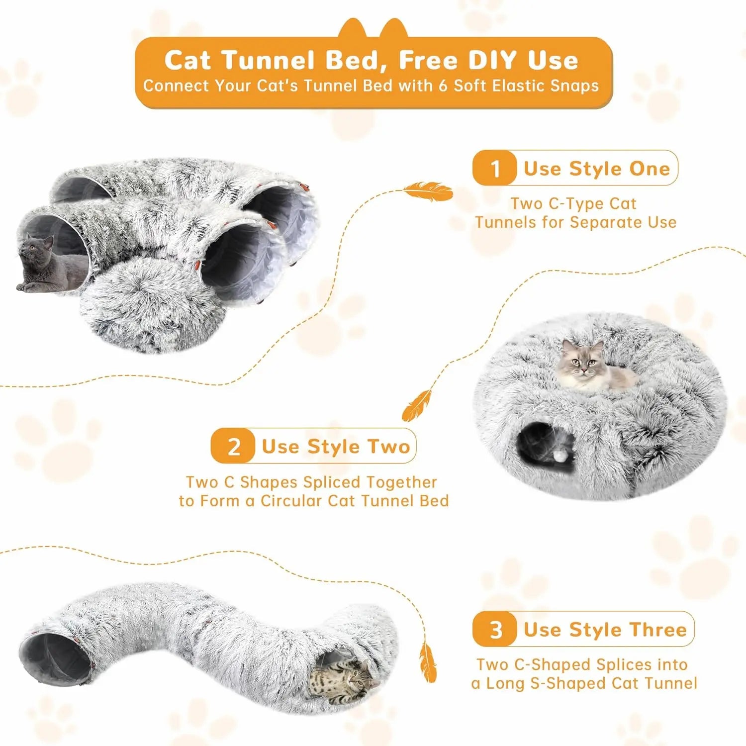 FelRelWel gray plush Cat Bed Tunnel with multiple connection styles for cats to play and rest
