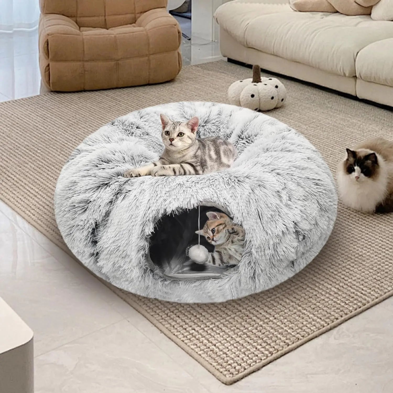 FelRelWel gray plush Cat Bed Tunnel with one cat inside and one cat resting on top in cozy living room