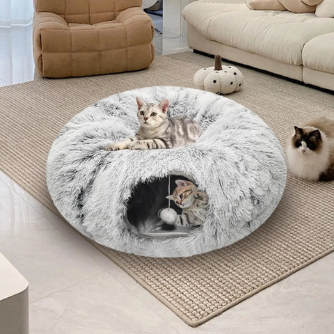 FelRelWel gray plush Cat Bed Tunnel with one cat inside and one cat resting on top in cozy living room