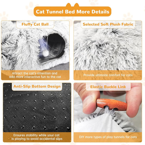 FelRelWel Cat Bed Tunnel with fluffy ball, soft plush fabric, anti-slip bottom, and elastic buckle link