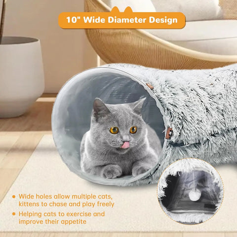FelRelWel gray fluffy cat bed tunnel with 10 inch diameter, perfect for cats to play and rest