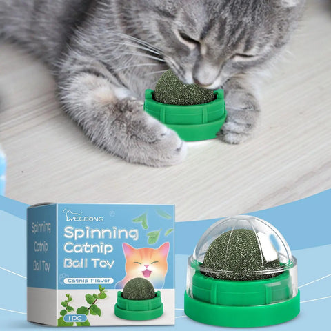 FelRelWel spinning catnip ball toy with green base and clear cover shown with a gray cat playing
