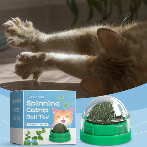 FelRelWel spinning catnip ball toy with green base and catnip flavor for playful cats