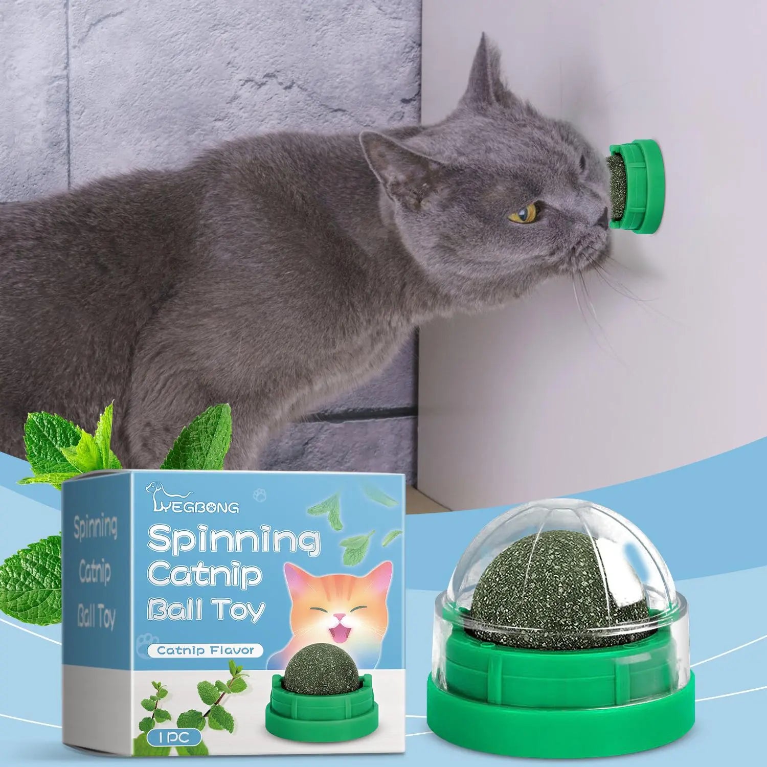 FelRelWel spinning catnip ball toy in green with catnip flavor and cat sniffing the toy